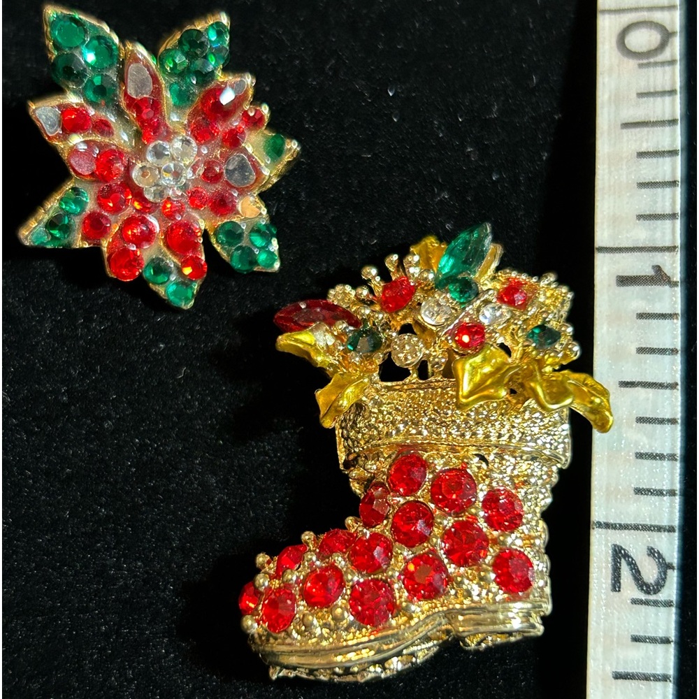 Stocking And Poinsettia Rhinestone Brooches